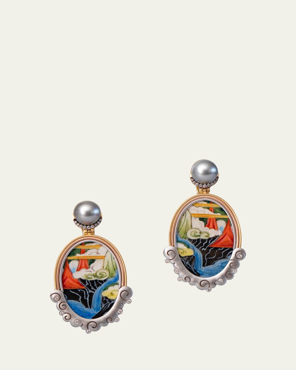 Miniature Painting Wood Earrings with Diamonds and Tahitian Pearls in 18K Gold
